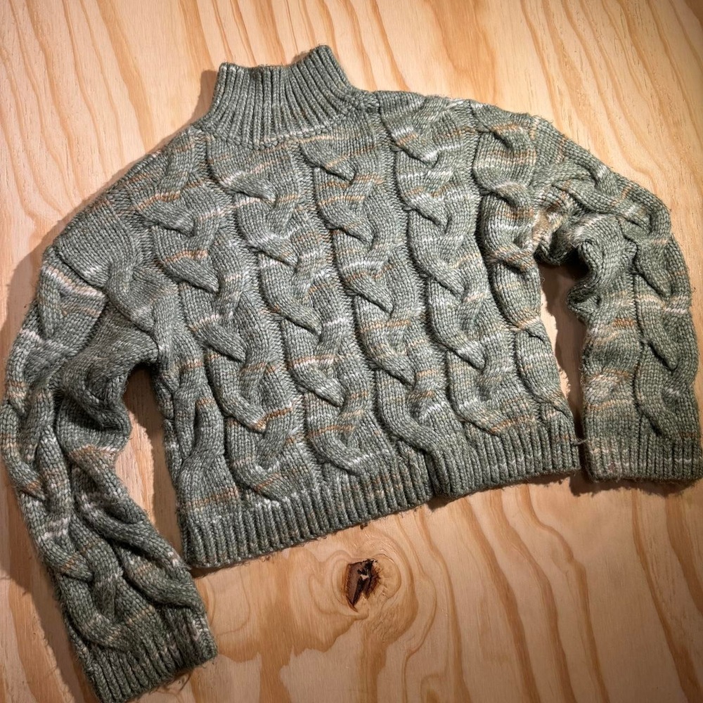 ana Womens XS Sage Green Chunky Cable Knit Cropped Mock Neck Sweater